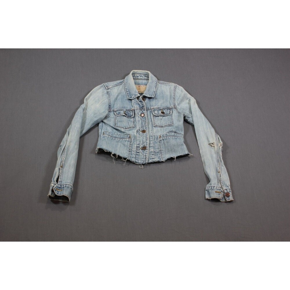 Vintage Abercrombie & Fitch Men's Distressed Blue Denim Trucker Jacket Chopped S